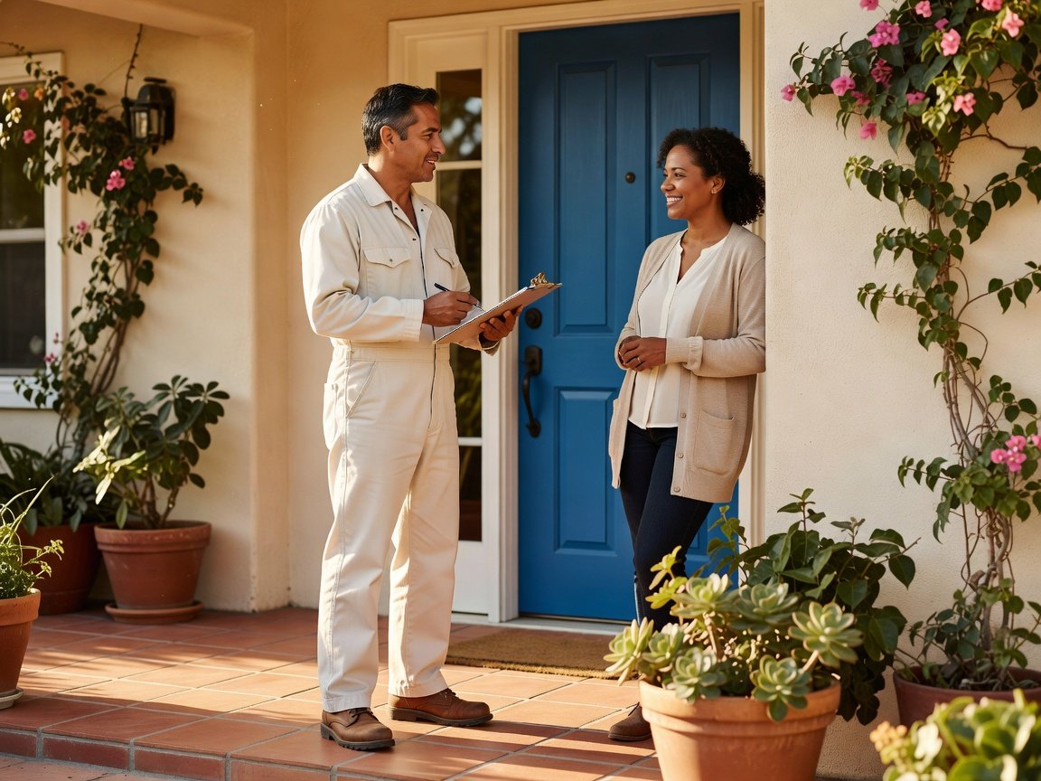 A Marin Colorworks painter talking with a homeowner at the front door in natural morning light