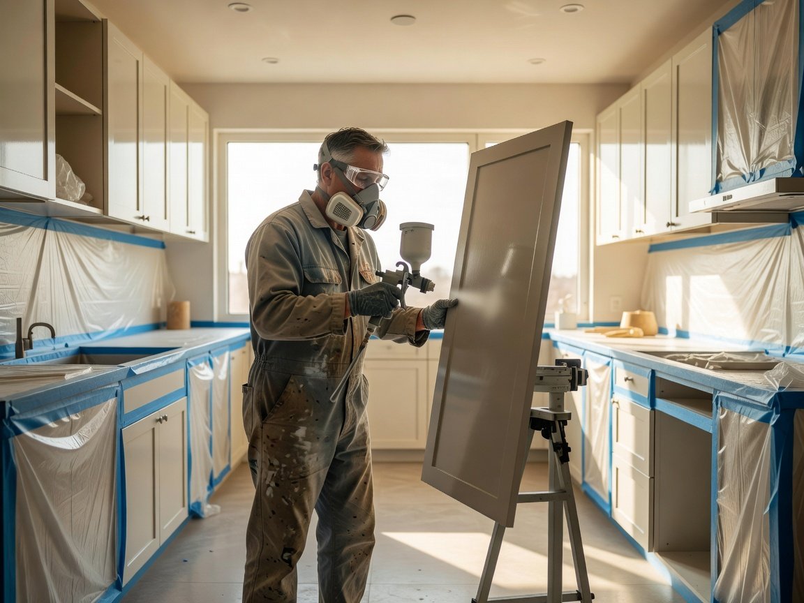 A painter spraying kitchen cabinet doors to a smooth factory finish