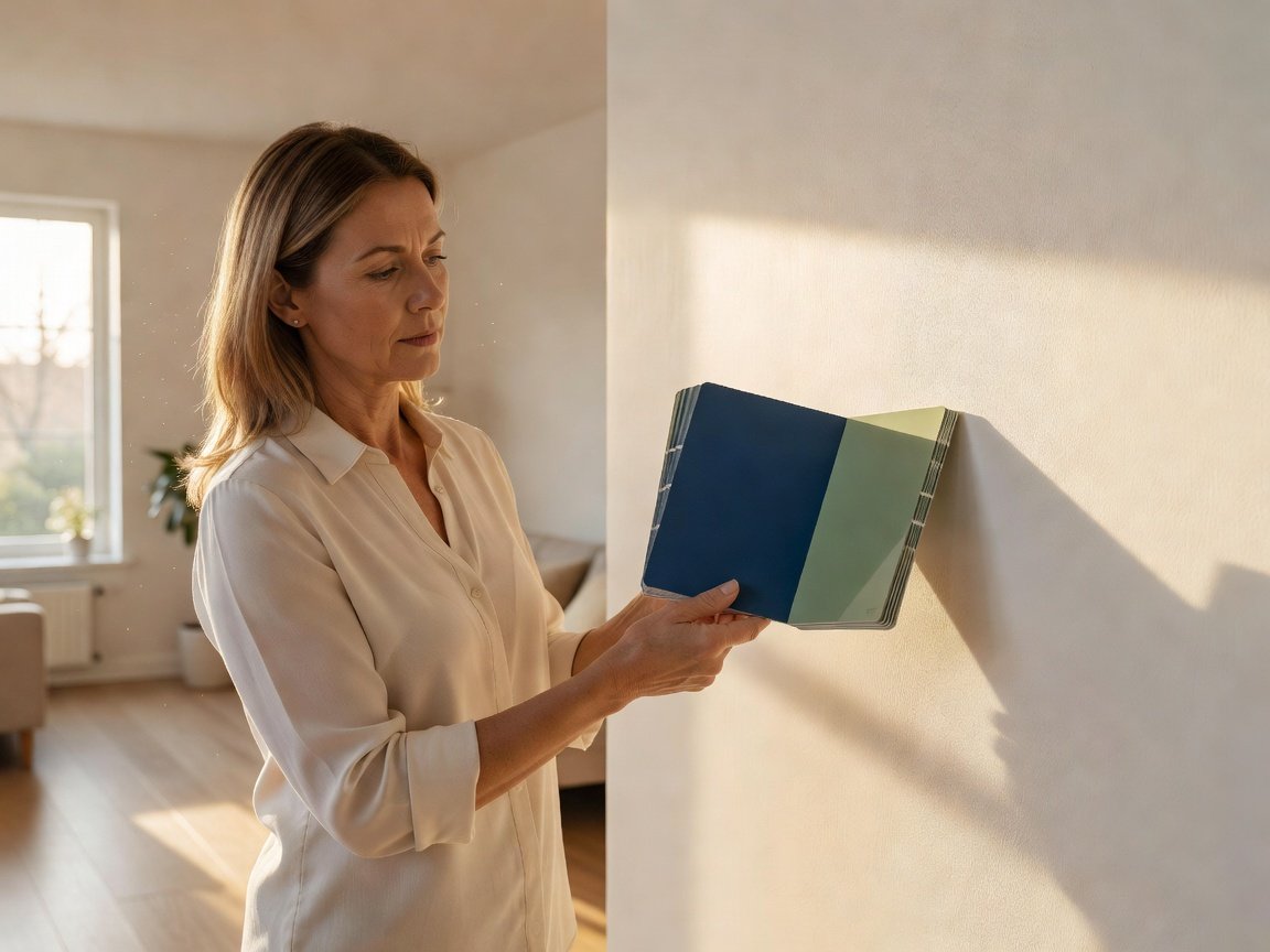 A color consultant holding blue and sage paint chips against a sunlit wall
