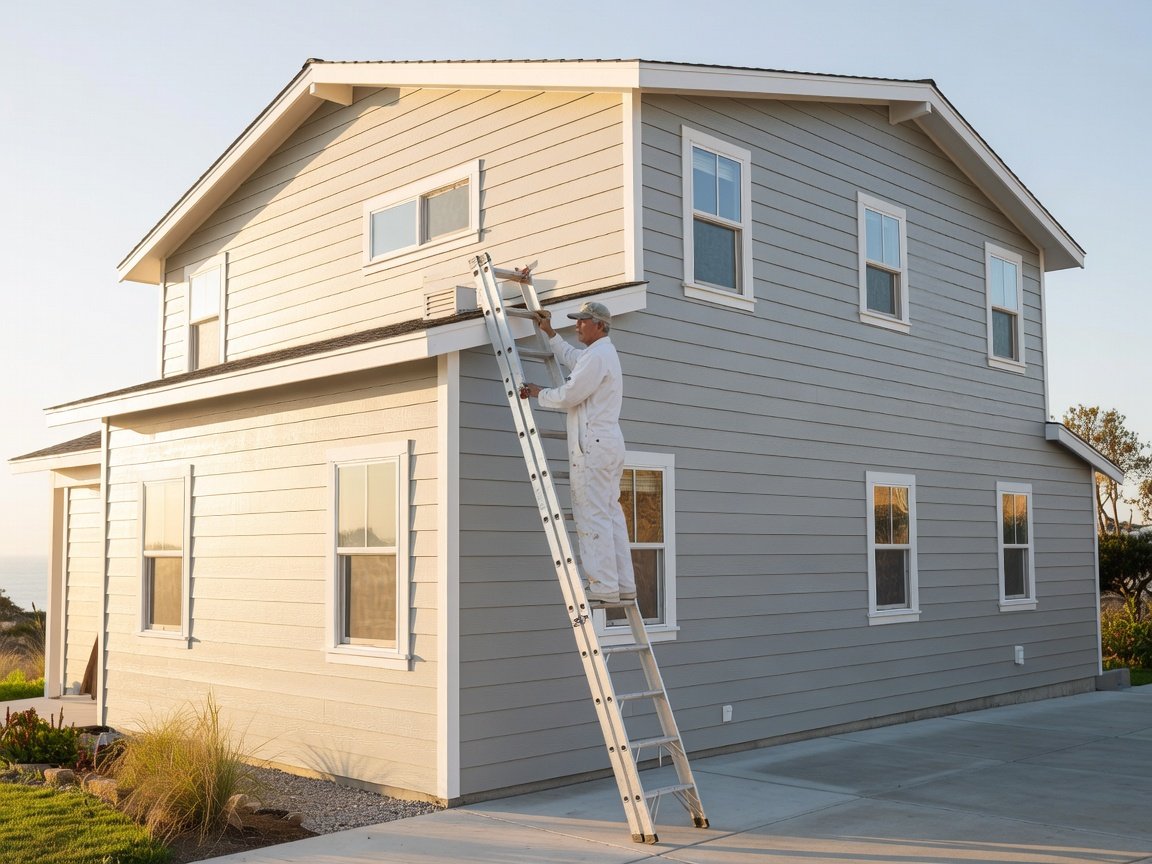 A painter on a ladder cutting in trim on a California home exterior in afternoon light