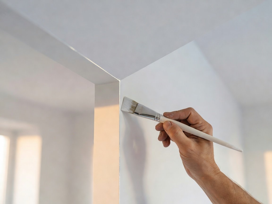 A painter cutting a crisp line where a warm white wall meets the ceiling