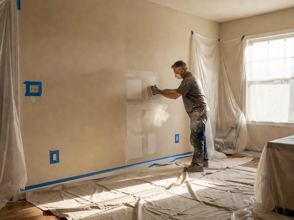 A painter sanding and patching a wall with drop cloths and tape protecting the room
