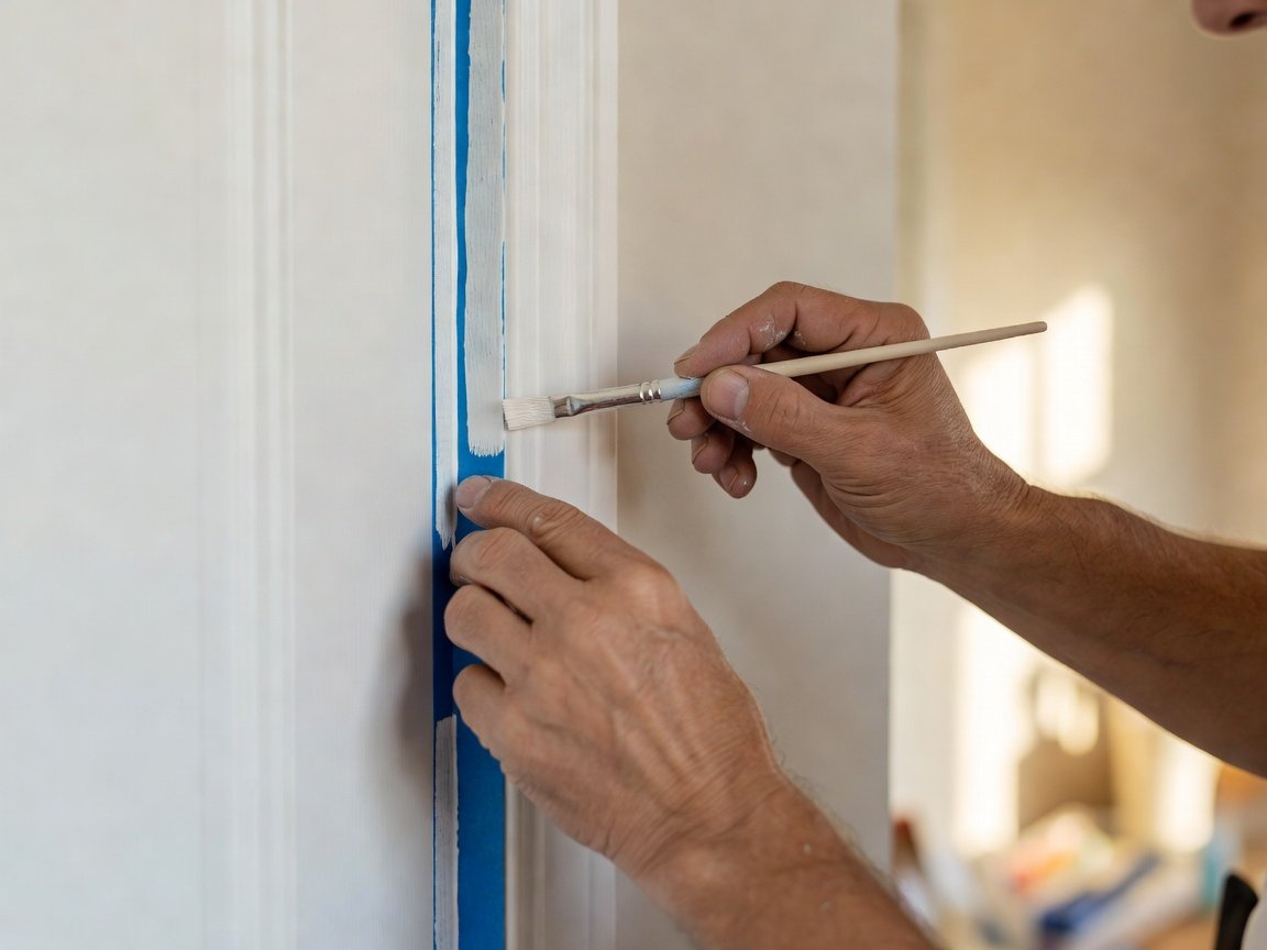 Close detail of a painter masking and painting crisp white trim and a door frame