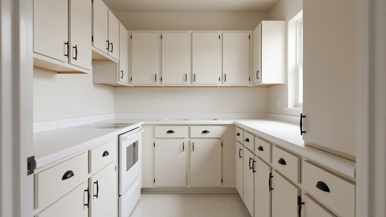 After: the same kitchen with cabinets sprayed smooth in soft warm white