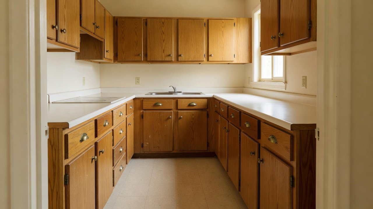 Before: a kitchen with dated honey oak cabinets