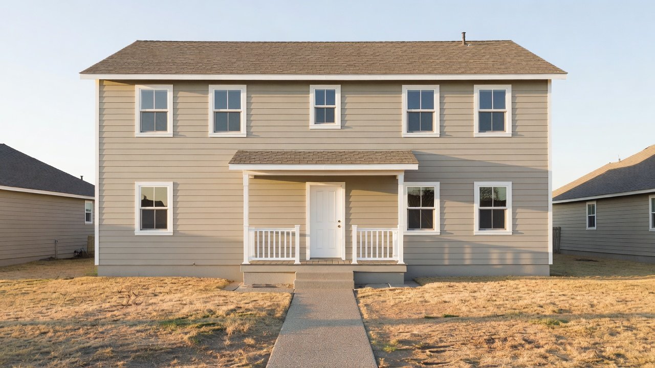 After: the same home freshly painted in warm greige with white trim