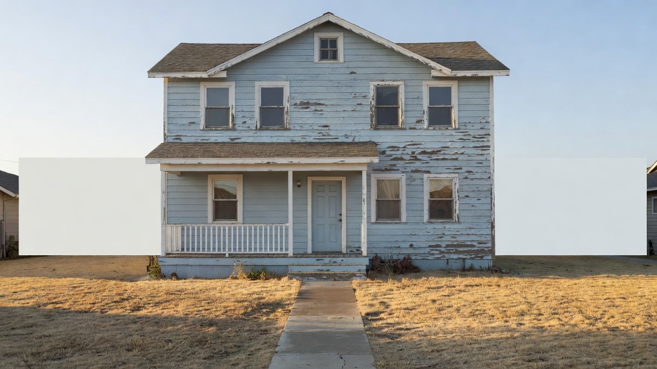 Before: a two-story home exterior with weathered, peeling paint
