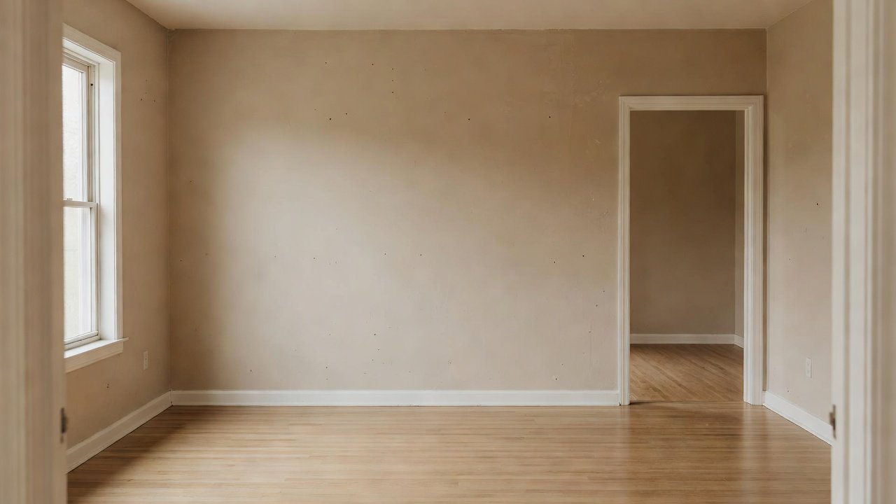Before: a living room with tired, scuffed beige walls