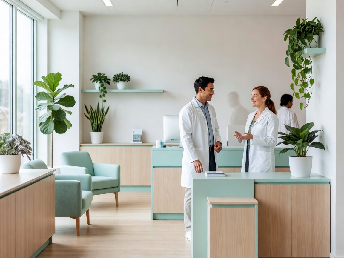 A bright, sunlit dental clinic reception with pale-teal accents, light wood, green plants, and friendly staff in white coats
